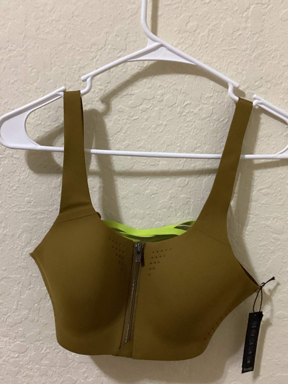 Victoria's Secret Olive Green Front-Zip Sports Bra with Neon Lime Trim